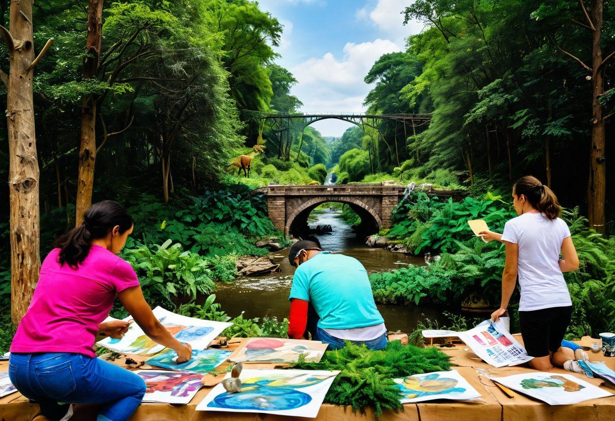 An artist painting a vibrant mural made of recycled materials depicting a lush green landscape, with elements of wildlife subtly integrated into the artwork. In the foreground, climate activists holding signs made from repurposed materials, passionately advocating for conservation. The background features a mix of urban and natural elements, symbolizing the bridge between art and nature. super-realistic. vibrant colors. engaging composition.