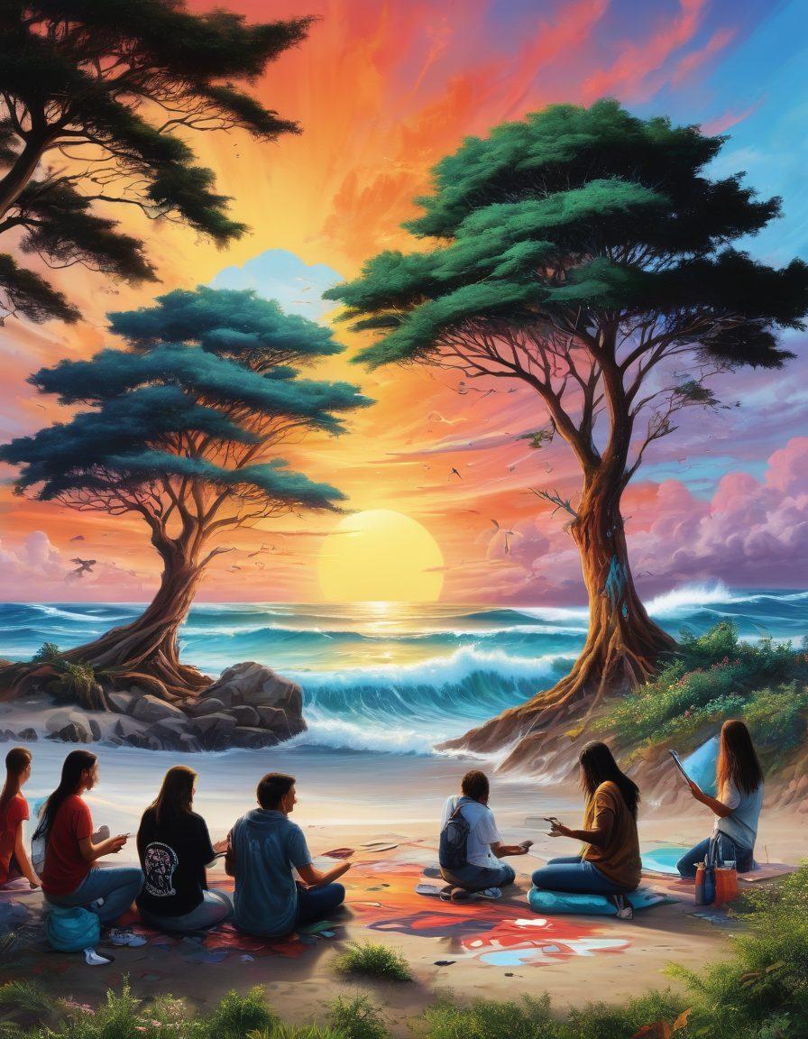A vibrant mural depicting diverse artists collaboratively creating artwork that showcases trees, ocean waves, and wildlife, symbolizing the fight against climate change. In the foreground, a group of passionately engaged individuals are using spray paint, brushes, and digital tablets, with graffiti-style slogans advocating for environmental awareness. The background features a blue sky transforming into a sunset, with elements of urban and nature blending together. super-realistic. vibrant colors. urban art style.