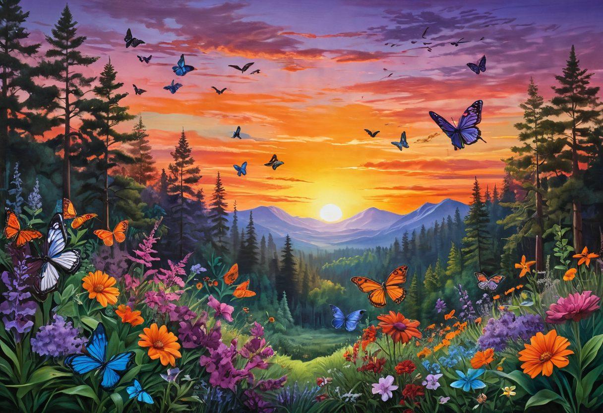 A vibrant landscape painting depicting a colorful sunset over a lush forest, interspersed with artistic elements made from recycled materials. In the foreground, an artist joyfully creating an eco-friendly sculpture, surrounded by blooming flowers and butterflies. The sky transitions from warm oranges to soothing purples, symbolizing harmony between nature and art. Illustrate a feeling of inspiration and hope for sustainability. super-realistic. vibrant colors. nature-inspired.